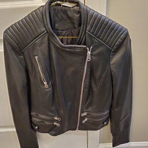 ZARA Black Leather Moto Bomber Jacket